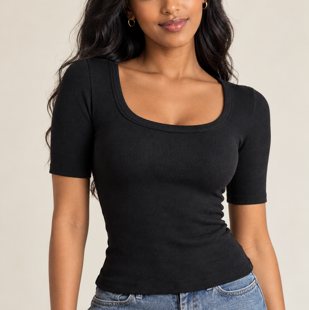 Ribbed 3/4 Sleeve Scoop Neck