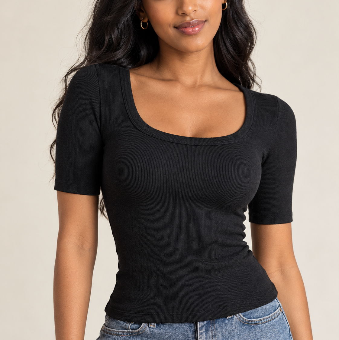 Ribbed 3/4 Sleeve Scoop Neck